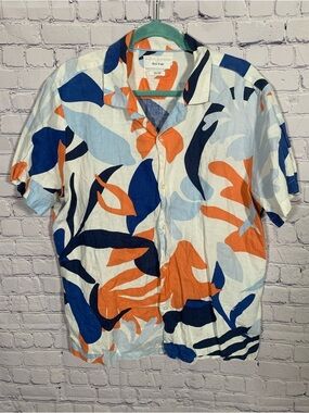 Porter & Ash mens Floral Linen Button Up Blue Cream Orange Sz L Casual Vacation